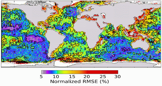 Ecarts des moyennes normalisées (en pourcents) entre le modèle global WAVEWATCH III à 0.5° de résolution et utilisant le paramétrage de Ardhuin et coll. (J. phys. Oceanogr. 2009) et les altimètres (ENVISAT-RA2, JASON-1, GFO), pour l'année 2007