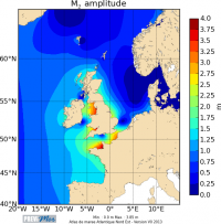 Amplitude de la composante harmonique M2 en Atlantique Nord Est